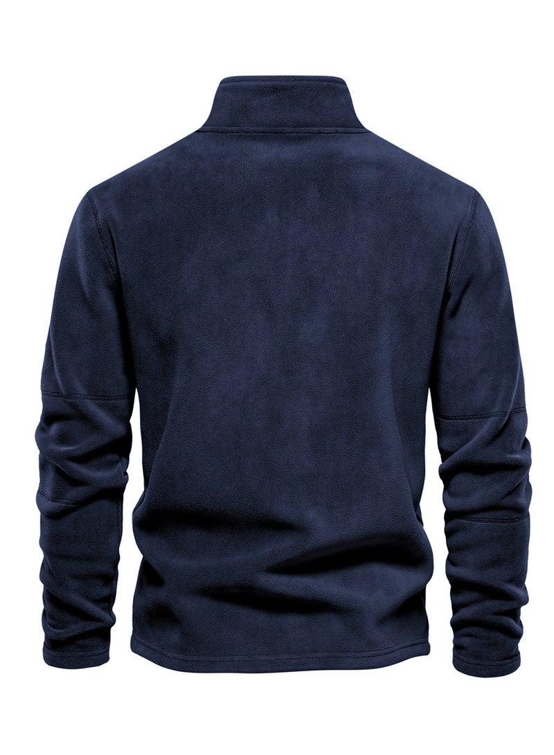 Loquat Men's Autumn And Winter Standing Collar Long Sleeved Hoodie Fleece Top Navy Blue  - Image 2