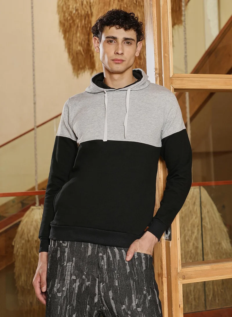 كامبوس سوترا Men's Block Pullover Hoodie | Hooded Neck , Long Ribbed Cuff Sleeves , Pull On Closure , Ribbed-Straight Hem | Colourblock Knitted Plain For Casual & Daily | Coin Grey & Onyx Black