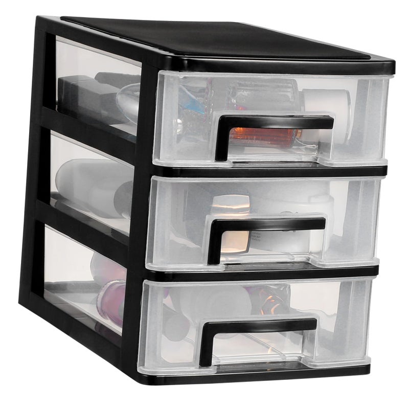 Black 3 Drawer Cosmetic Organizer Shelving Unit with Transparent Desktop Bin Storage - Image 2