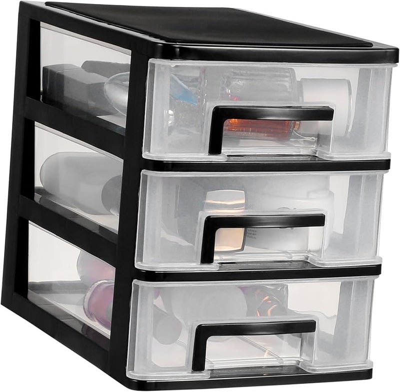Black 3 Drawer Cosmetic Organizer Shelving Unit with Transparent Desktop Bin Storage - Image 1