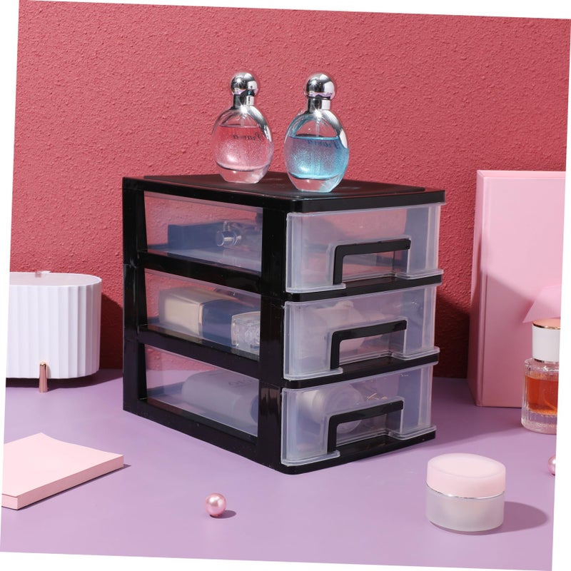Black 3 Drawer Cosmetic Organizer Shelving Unit with Transparent Desktop Bin Storage - Image 3