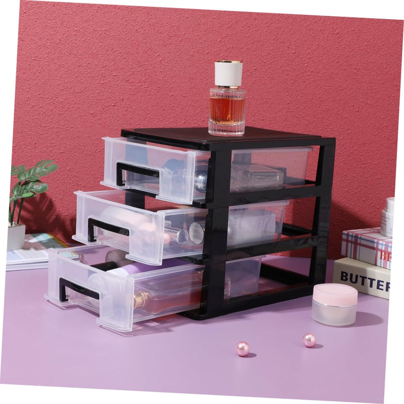 Black 3 Drawer Cosmetic Organizer Shelving Unit with Transparent Desktop Bin Storage - Image 5