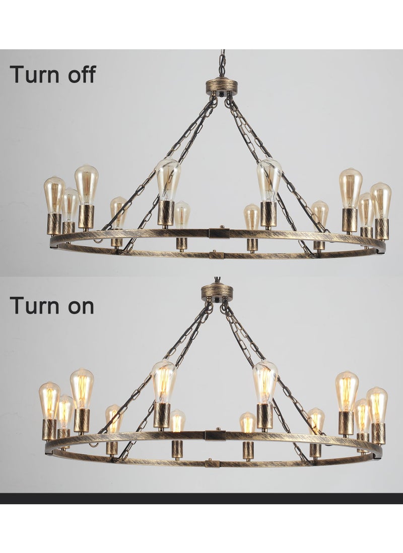 Ganeed - Wagon Wheel Chandelier, Vintage 12-Lights Bronze Rustic Farmhouse Ceiling Pendant Light Large Metal Chandeliers Hanging Light Fixture for Kitchen, Living Room, Hallway, Dining Room - Image 1