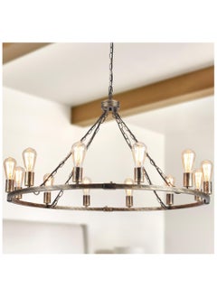 Ganeed Wagon Wheel Chandelier, Vintage 12-Lights Bronze Rustic Farmhouse Ceiling Pendant Light Large Metal Chandeliers Hanging Light Fixture for Kitchen, Living Room, Hallway, Dining Room  - Image 2