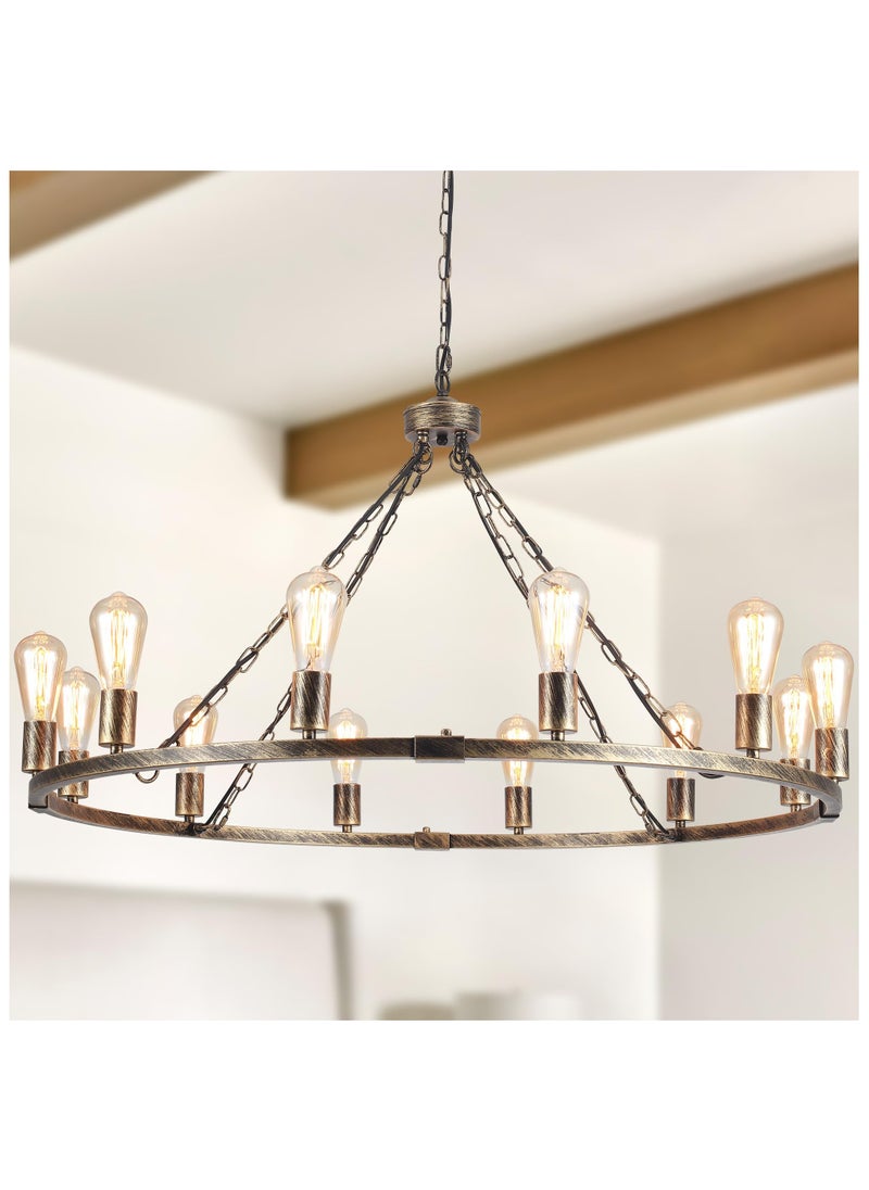 Ganeed - Wagon Wheel Chandelier, Vintage 12-Lights Bronze Rustic Farmhouse Ceiling Pendant Light Large Metal Chandeliers Hanging Light Fixture for Kitchen, Living Room, Hallway, Dining Room - Image 1