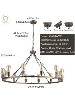 Ganeed Wagon Wheel Chandelier, Vintage 12-Lights Bronze Rustic Farmhouse Ceiling Pendant Light Large Metal Chandeliers Hanging Light Fixture for Kitchen, Living Room, Hallway, Dining Room  - Image 3