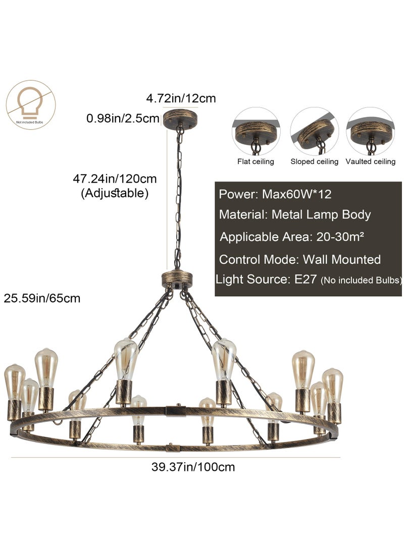 Ganeed - Wagon Wheel Chandelier, Vintage 12-Lights Bronze Rustic Farmhouse Ceiling Pendant Light Large Metal Chandeliers Hanging Light Fixture for Kitchen, Living Room, Hallway, Dining Room - Image 1