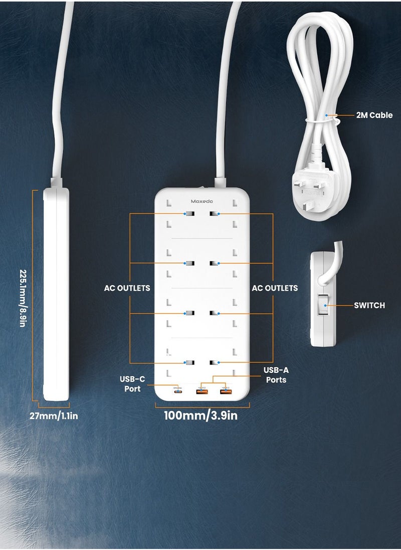 Moxedo Moxedo 20W Power Strip Surge Protector 11 Way 1 USB-C PD Ports + 2 USB-A Ports + 8 AC Outlets Fast Charging with 2M Cable Length  - Image 2