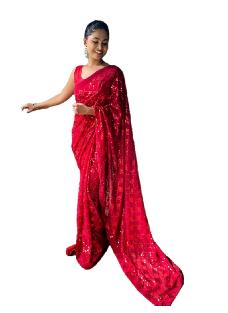 Grab Mantra - Georgette Red Colour Saree With Sequence Work Plus Unstitched Blouse - Image 1