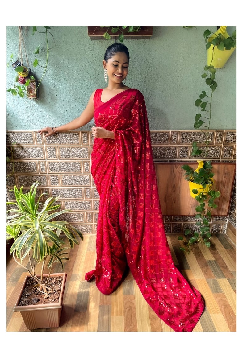 Grab Mantra - Georgette Red Colour Saree With Sequence Work Plus Unstitched Blouse - Image 1