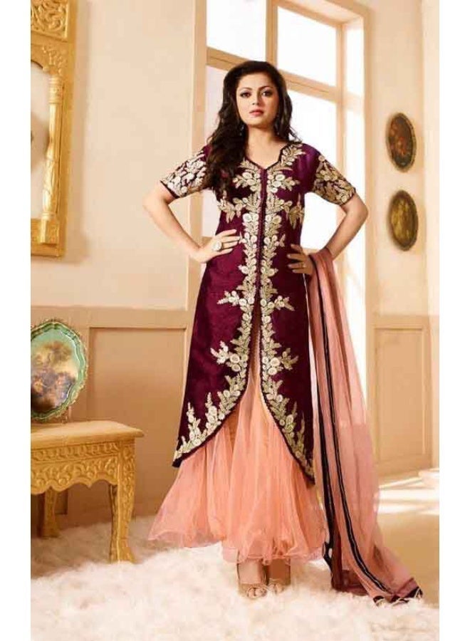 Womens semi stitched Embroidered Longline Kurta with Layered Tulle Skirt and Dupatta. - Image 1