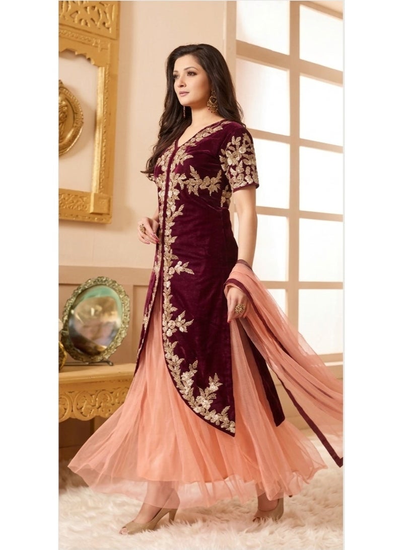 Womens semi stitched Embroidered Longline Kurta with Layered Tulle Skirt and Dupatta. - Image 2