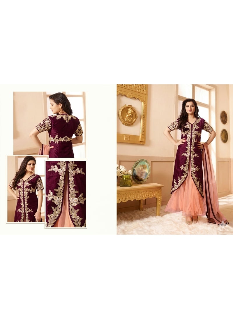 Womens semi stitched Embroidered Longline Kurta with Layered Tulle Skirt and Dupatta. - Image 3