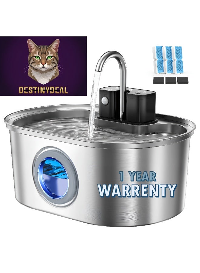 DESTINYDEAL PEKTACO Premium Wireless Sensor Automatic Cat Water Fountain 2.5L – Smart Stainless Steel Pet Drinking Fountain with Ultra-Quiet Pump, Triple Filtration, LED Indicator, Rechargeable Battery – High Quality with 1 Year Warranty (T&C Apply) - Image 1