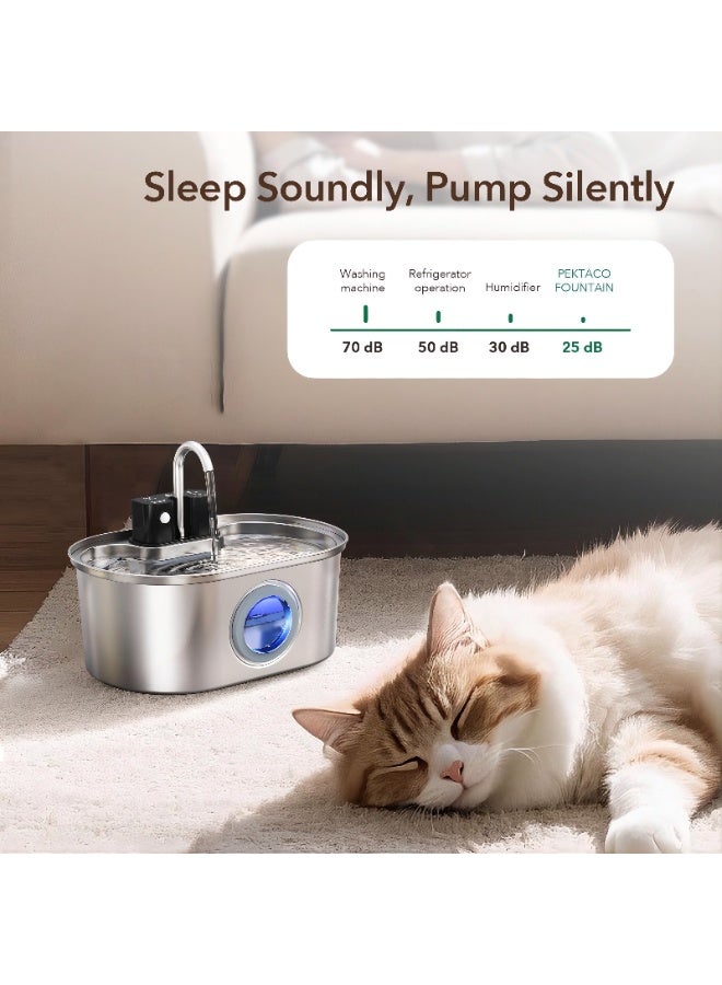DESTINYDEAL PEKTACO Premium Wireless Sensor Automatic Cat Water Fountain 2.5L – Smart Stainless Steel Pet Drinking Fountain with Ultra-Quiet Pump, Triple Filtration, LED Indicator, Rechargeable Battery – High Quality with 1 Year Warranty (T&C Apply) - Image 3