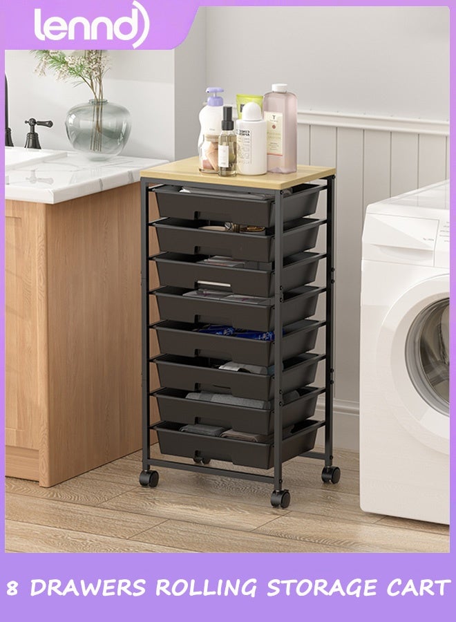 لينند عربة تخزين متدحرجة مع أدراج، عربة متعددة الاستخدامات مع 8 أدراج وطاولة خشبية، عربة أدراج متدحرجة، عربة أدراج تخزين لغرفة المعيشة، الفصل الدراسي، غرفة النوم، الحمام، السكن الجامعي، المكتب - Image 1