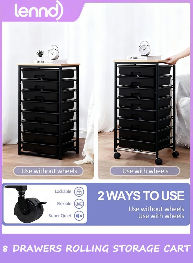 لينند عربة تخزين متدحرجة مع أدراج، عربة متعددة الاستخدامات مع 8 أدراج وطاولة خشبية، عربة أدراج متدحرجة، عربة أدراج تخزين لغرفة المعيشة، الفصل الدراسي، غرفة النوم، الحمام، السكن الجامعي، المكتب - Image 4