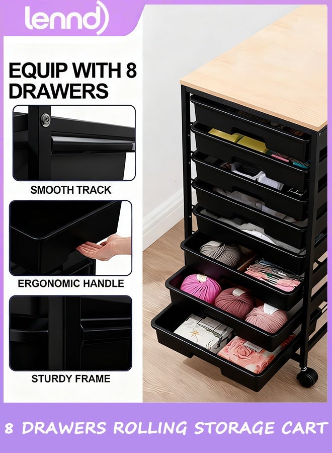 لينند عربة تخزين متدحرجة مع أدراج، عربة متعددة الاستخدامات مع 8 أدراج وطاولة خشبية، عربة أدراج متدحرجة، عربة أدراج تخزين لغرفة المعيشة، الفصل الدراسي، غرفة النوم، الحمام، السكن الجامعي، المكتب - Image 3