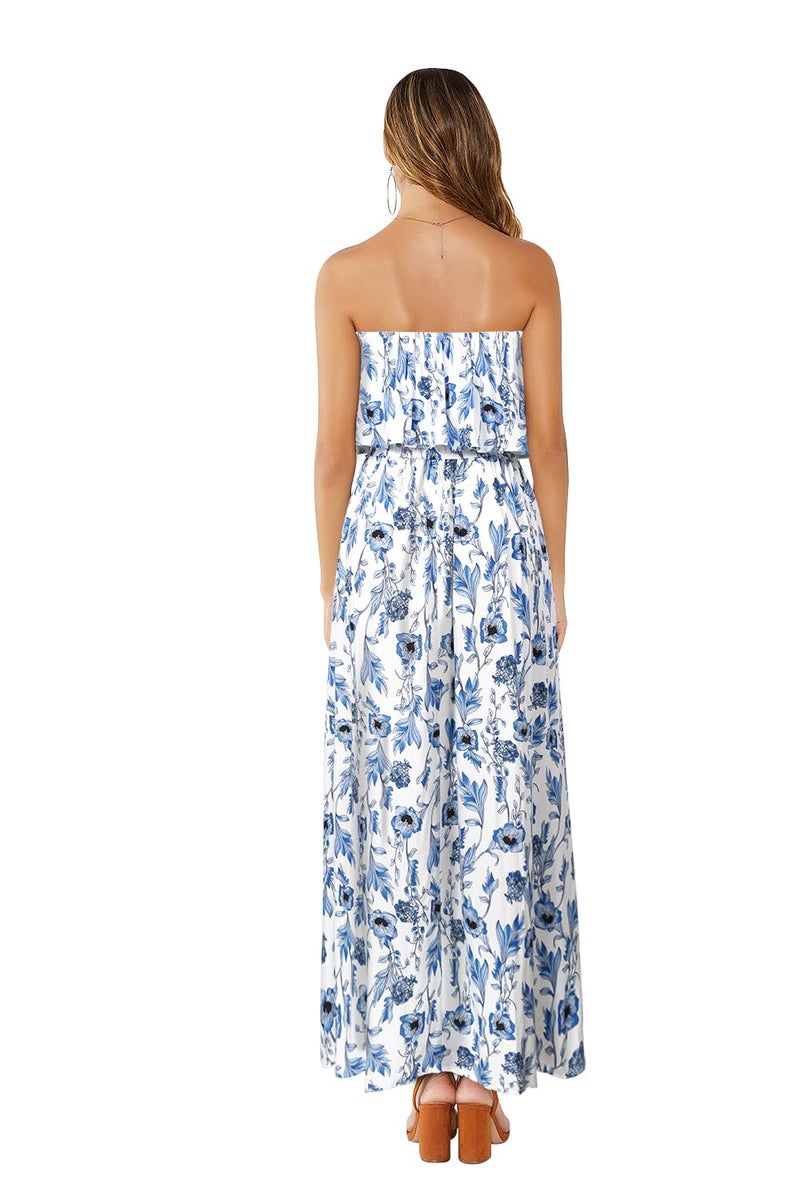 ZMPSIISA Women's Summer Off The Shoulder Maxi Dress Ruffle Strapless Blue White Porcelain Boho Casual Loose Long Dresses(A-Light Blue Flower,X-Large) - Image 2