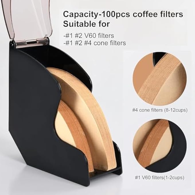 ريحني حامل فلتر القهوة الأسود يخزن حتى 100 فلتر قهوة بما في ذلك غطاء V60 مخروط ميني مقاوم للغبار بسعة 812 كوب ونموذج مثالي للمكتب المنزلي في مقهى - Image 3
