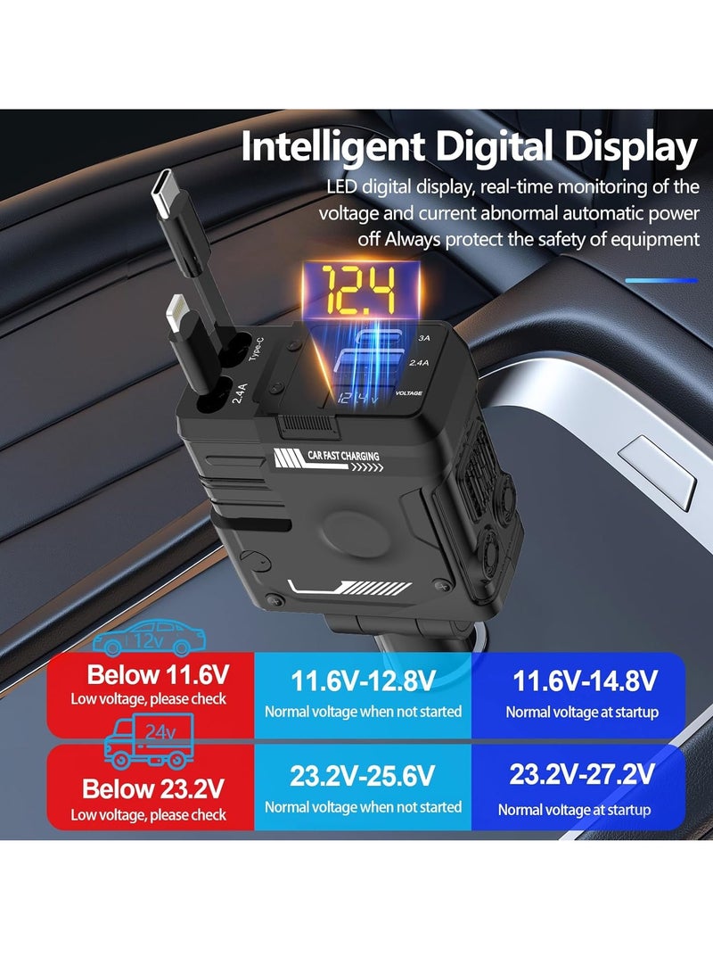 general Retractable Car Charger, 66 W 4-in-1 Ultra Fast Charging Car Phone Charger with Retractable Cable (31.5 ") and 2 USB Port Adapters - Image 5