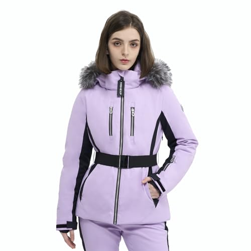 HIGH EXPERIENCE Women Ski Jacket Snowboard Fitted Slim Fit Short Snow Coat Belted Mountain Waterproof Insulated Warm Winter (US, Alpha, Medium, Regular, Regular, Light Purple) - Image 1