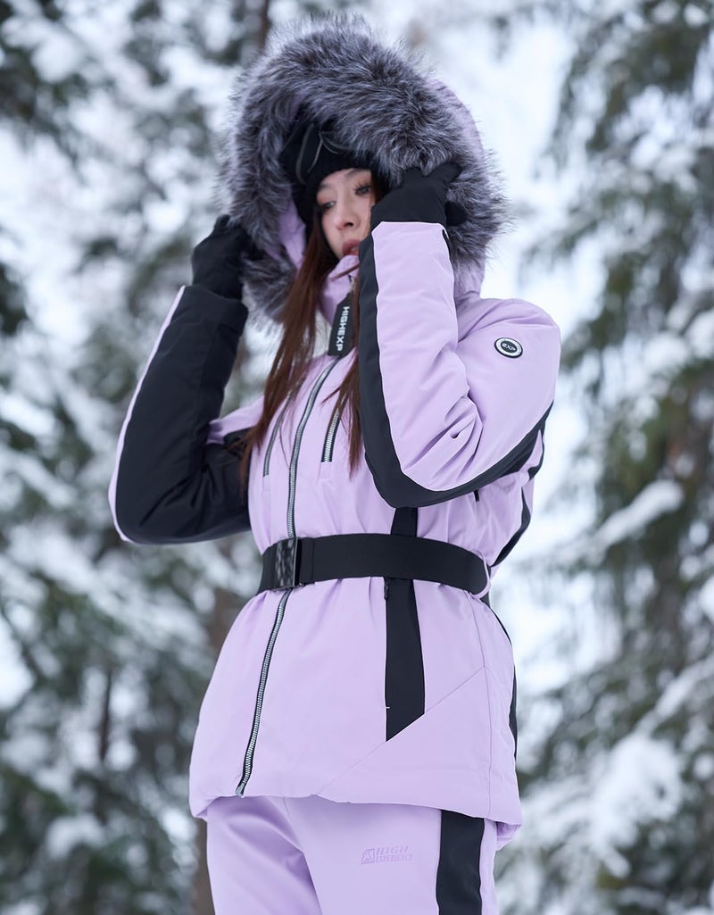 HIGH EXPERIENCE Women Ski Jacket Snowboard Fitted Slim Fit Short Snow Coat Belted Mountain Waterproof Insulated Warm Winter (US, Alpha, Medium, Regular, Regular, Light Purple) - Image 3