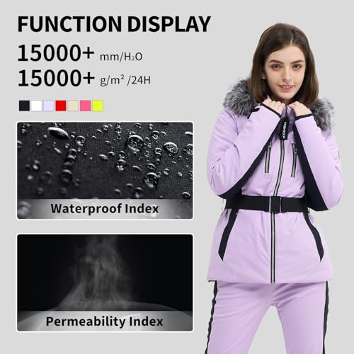 HIGH EXPERIENCE Women Ski Jacket Snowboard Fitted Slim Fit Short Snow Coat Belted Mountain Waterproof Insulated Warm Winter (US, Alpha, Medium, Regular, Regular, Light Purple) - Image 4