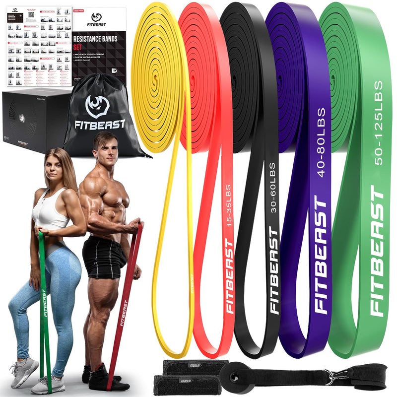 FitBeast Resistance Bands Set, 5 Different Levels, Pull Up Assist Bands for Strength Training, Powerlifting, Muscle Toning, Mobility Exercises, Full-Body Workout (Vibrant 5-125 lbs) - Image 1