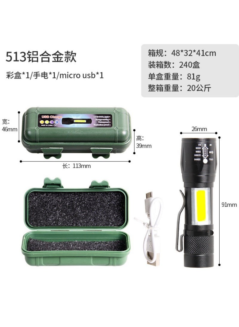 Generic High-power 511 Flashlight Aluminum Alloy Rechargeable Mini Zoomable Gift Side Light Torch Adjustable Focus 513S zoom pen clip + USB cable + Gift Box full plastic 