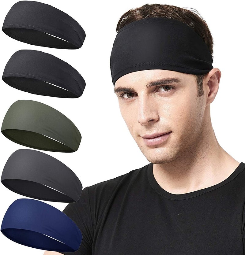 BISMAADH Polyester Sports Headband Athletic Mens Sweatband Head Band For Men, Unisex Stretchy Moisture Wicking Hairband Gym, Running, Basketball, Football (Black, Black, Dark Grey, Green, Blue) - Image 1