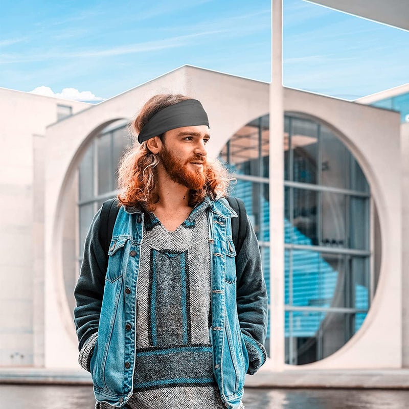 BISMAADH Polyester Sports Headband Athletic Mens Sweatband Head Band For Men, Unisex Stretchy Moisture Wicking Hairband Gym, Running, Basketball, Football (Black, Black, Dark Grey, Green, Blue) - Image 4