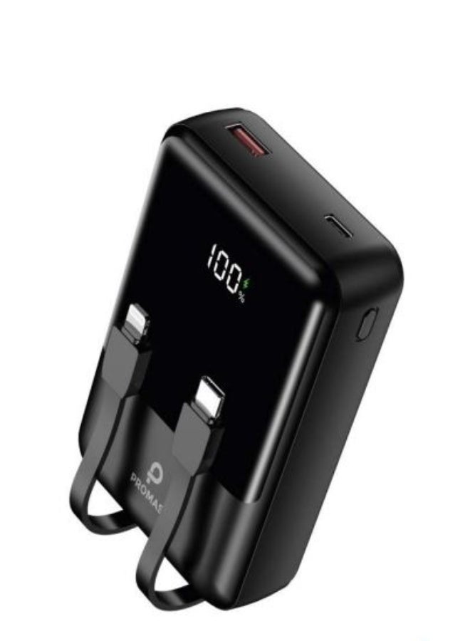بروماس باور بانك PROMASS PM-0412 بسعة ‎20000mAh‎ مع كابلات مدمجة تايب سي ولايتننغ وتقنية شحن سريع PD & QC 3.0 بقدرة ‎22.5W‎ وشاشة رقمية – بطارية متنقلة متعددة المخارج وعالية الكفاءة