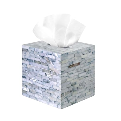 PEMAR Mother of Pearl Inlay Decorative Tissue Holder - Handcrafted Wooden Tissue Box Cover for Small Cube Tissue Boxes Only (Max Inner Size 4.7”) for Bathroom, Living Room & Office (Blue) - Image 1