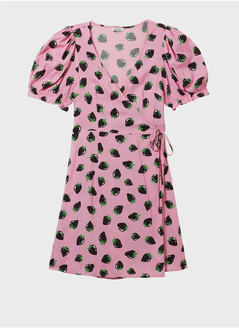 MONKI Puff Sleeve Printed Wrap Dress