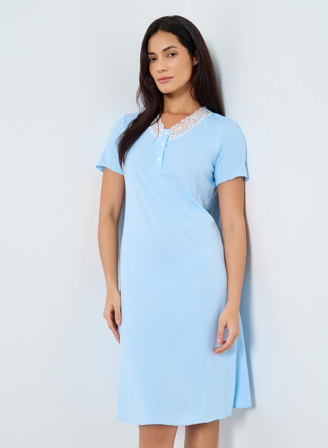 Take Two Light Blue Cotton Nightdress with Lace Trim - Image 1