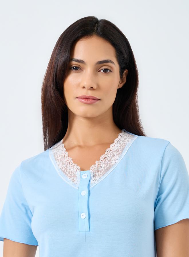 Take Two Light Blue Cotton Nightdress with Lace Trim - Image 3