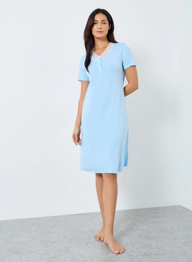 Take Two Take Two Light Blue Cotton Nightdress with Lace Trim