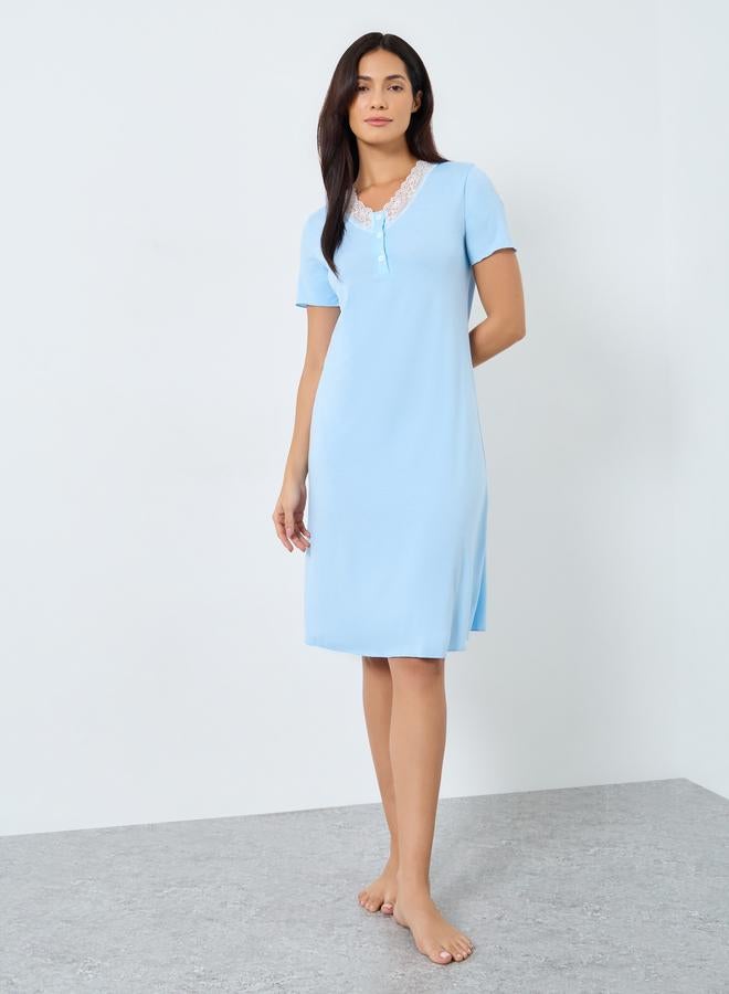 Take Two Light Blue Cotton Nightdress with Lace Trim - Image 2