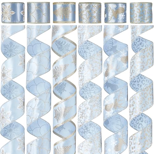 DINDOSAL Dusty Blue and Champagne Gold Wired Christmas Ribbon 25 Inch x 36 Yards 6 Rolls Satin Ribbon for Christmas Tree Wreaths Bows Garland Gift Wrapping - Image 1