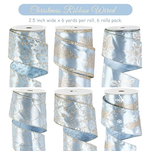 DINDOSAL Dusty Blue and Champagne Gold Wired Christmas Ribbon 25 Inch x 36 Yards 6 Rolls Satin Ribbon for Christmas Tree Wreaths Bows Garland Gift Wrapping - Image 3