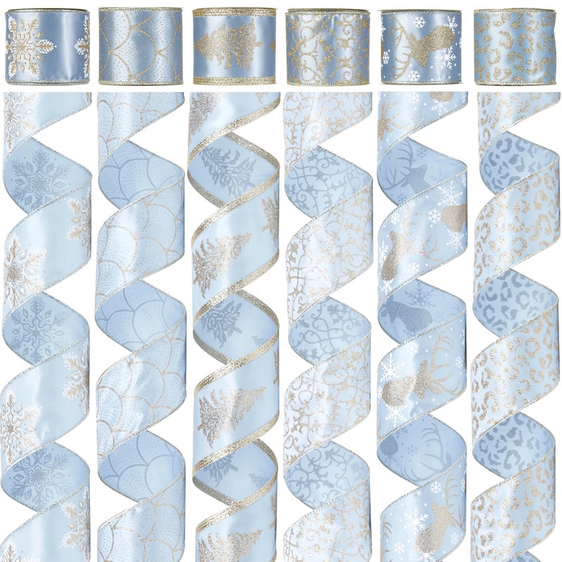 DINDOSAL Dusty Blue and Champagne Gold Wired Christmas Ribbon 25 Inch x 36 Yards 6 Rolls Satin Ribbon for Christmas Tree Wreaths Bows Garland Gift Wrapping - Image 2