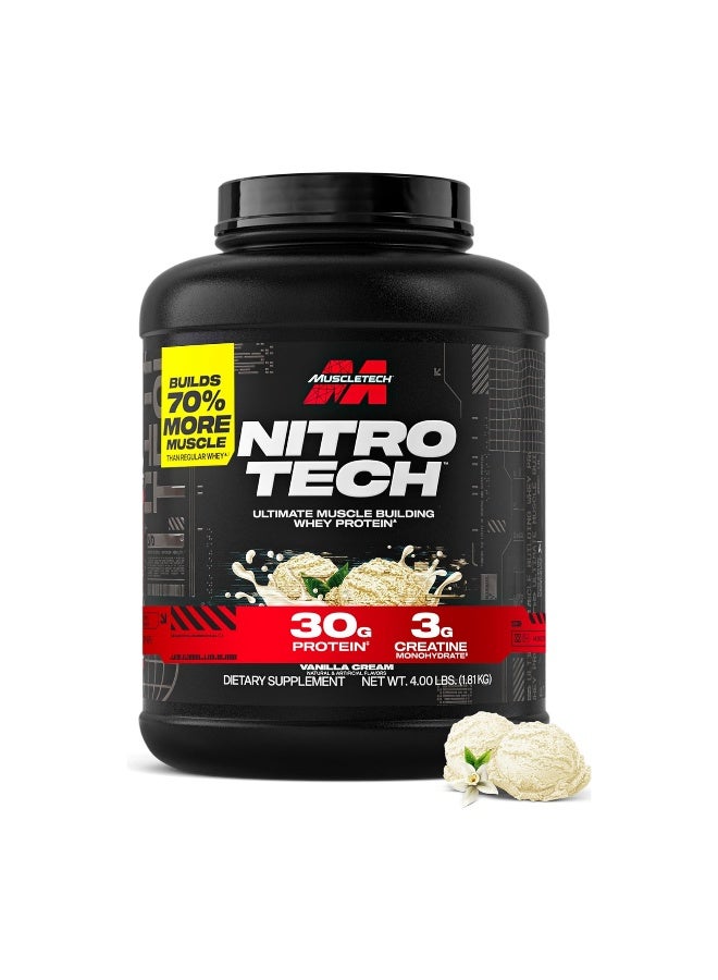 MuscleTech Nitro-Tech Whey Protein Powder, 30g Protein, 3g Creatine, 6.6g BCAAs, Clinically Studied Formula, Vanilla Cream, 1.81kg (4Lb) - Image 1