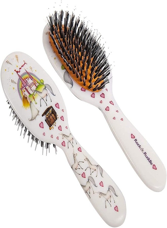 Rock & Ruddle Natural Mixed Boar Bristle Hair Brush for Women and Kids (Small/Travel Size, 17.5cm) - Perfect for Wet or Dry Hair, Detangling Smoothing Blowdrying - Made in UK - Unicorns Design - Image 1