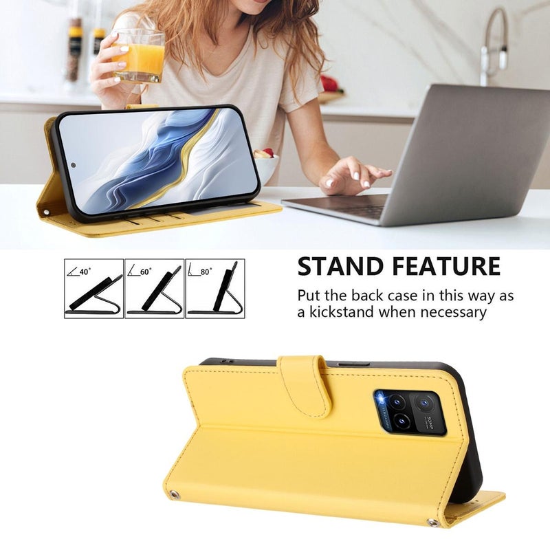 إيروريكس جراب هاتف من الجلد المنقوش على شكل قطة لهاتف vivo Y21t / vivo Y21e مع حزام يد (أصفر) - Image 3