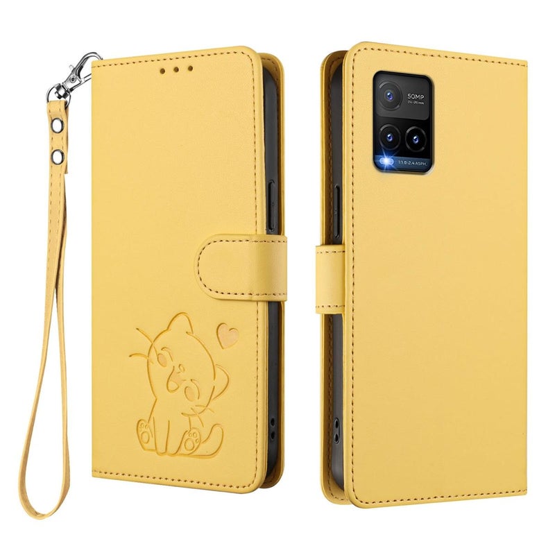 إيروريكس جراب هاتف من الجلد المنقوش على شكل قطة لهاتف vivo Y21t / vivo Y21e مع حزام يد (أصفر) - Image 2