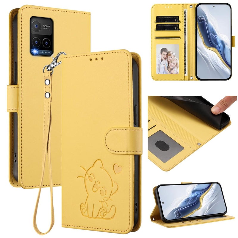 إيروريكس جراب هاتف من الجلد المنقوش على شكل قطة لهاتف vivo Y21t / vivo Y21e مع حزام يد (أصفر) - Image 1