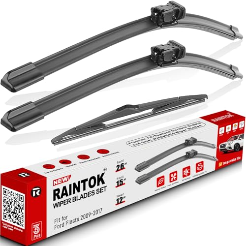 Raintok شفرات مساحات الزجاج الأمامي RAINTOK بديل لسيارة فورد فيستا 2009-2017 جودة المصنع الأصلية مجموعة شفرات المساحات الأمامية والخلفية لسيارتي - 26" 15" 12" (عبوة من 3) - Image 1