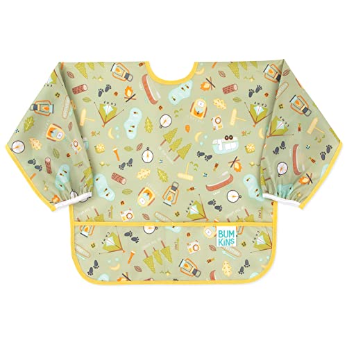 Bumkins Sleeved Bib for Girl or Boy, Baby and Toddler for 6-24 Mos, Essential Must Have for Eating, Feeding, Baby Led Weaning, Long Sleeve Mess Saving Food Catcher, Soft Fabric, Camp Gear Green - Image 1