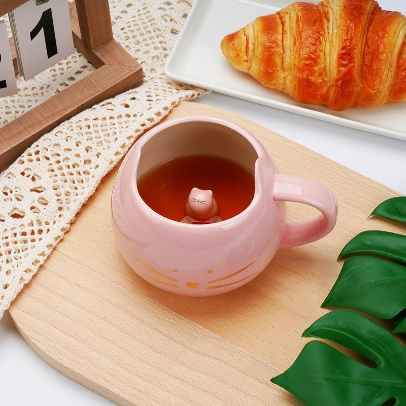 Koolkatkoo Cat Mug Cute Ceramic Coffee Mugs Hidden 3D Animal Inside Cup Novelty Tea Cup for Women Girl Gifts for Cat Lovers Holiday Mothers Day Christmas Birthday Gifts 12 oz Pink - Image 4